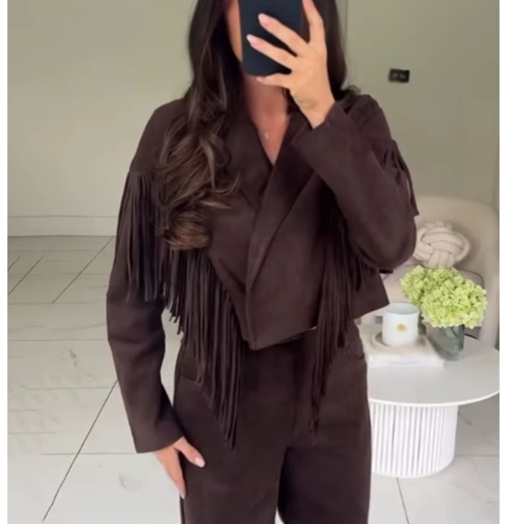 ZARA Fringe Faux Suede Jacket Brown Size Small S NEW - Picture 3 of 16